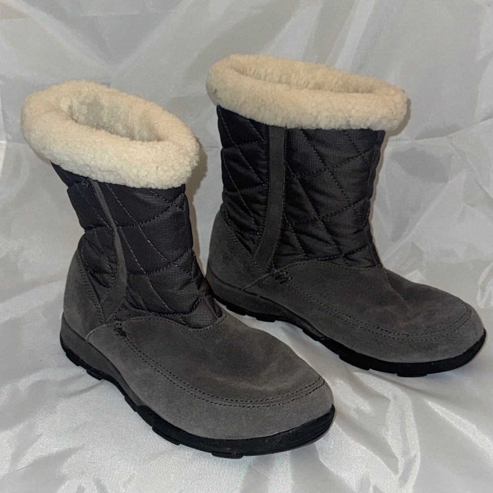 Kamik Moncton Waterproof Winter Boots Grey Quilted Suede Faux Fur Trim Women 9